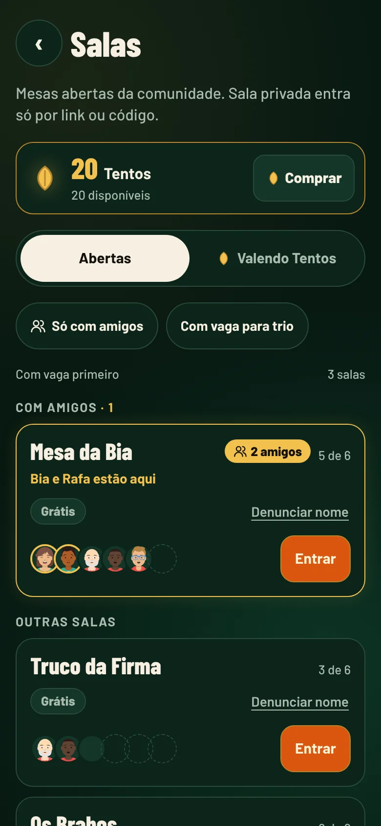 Lista de salas do Truco de 6 com o filtro Só com amigos e a Mesa da Bia no topo, com o selo 2 amigos