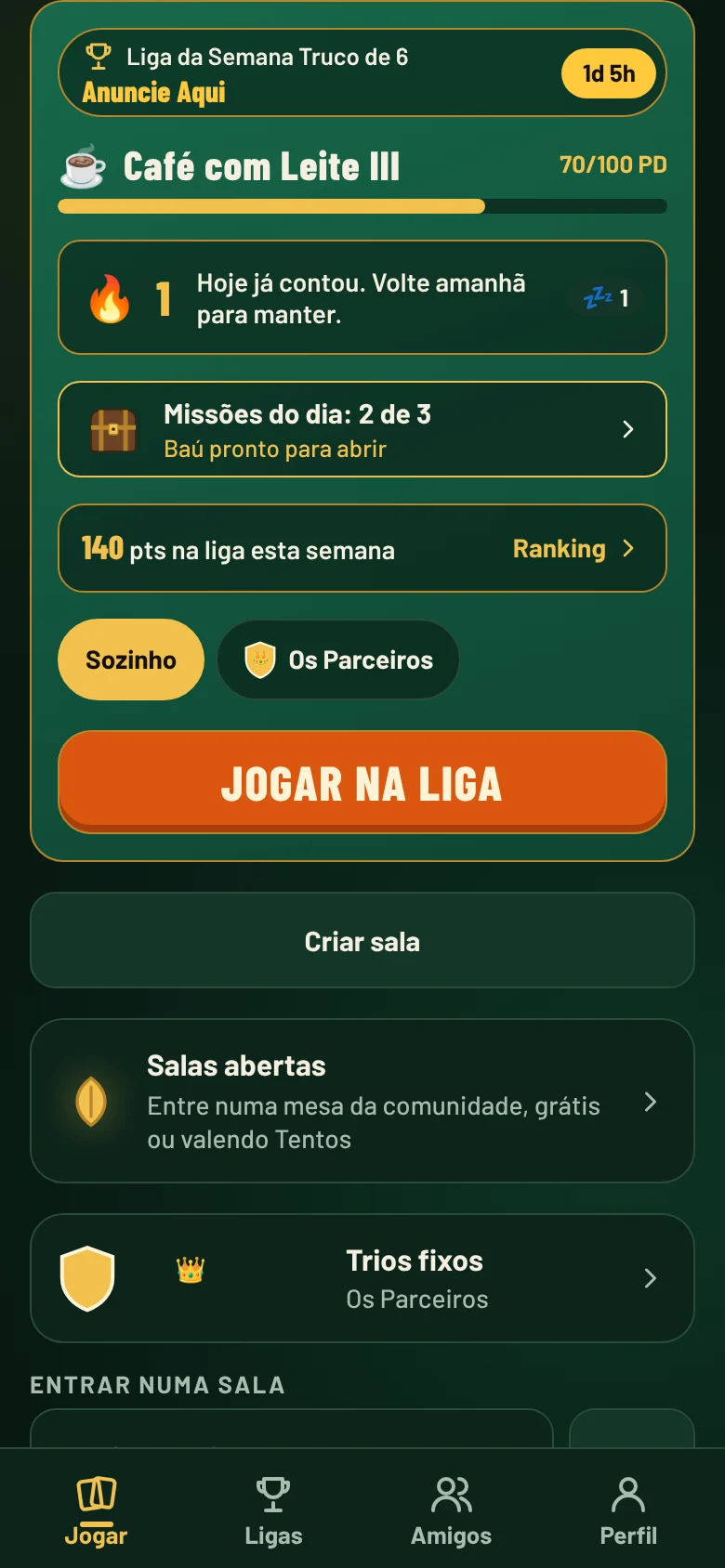 Início do jogo com a Liga da Semana, a divisão Café com Leite e o botão Jogar na liga